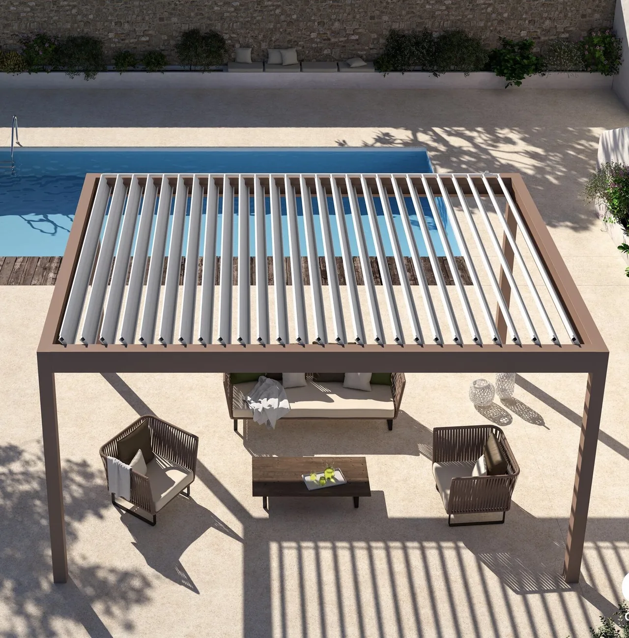 Bioclimatic pergola beside a swimming pool