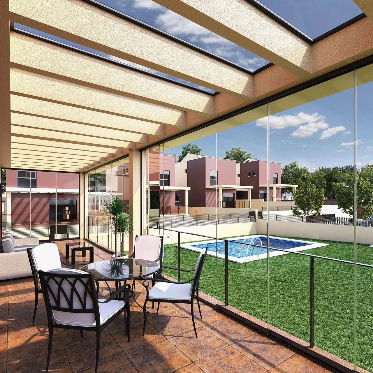 Frameless glass curtains enclosing a terrace