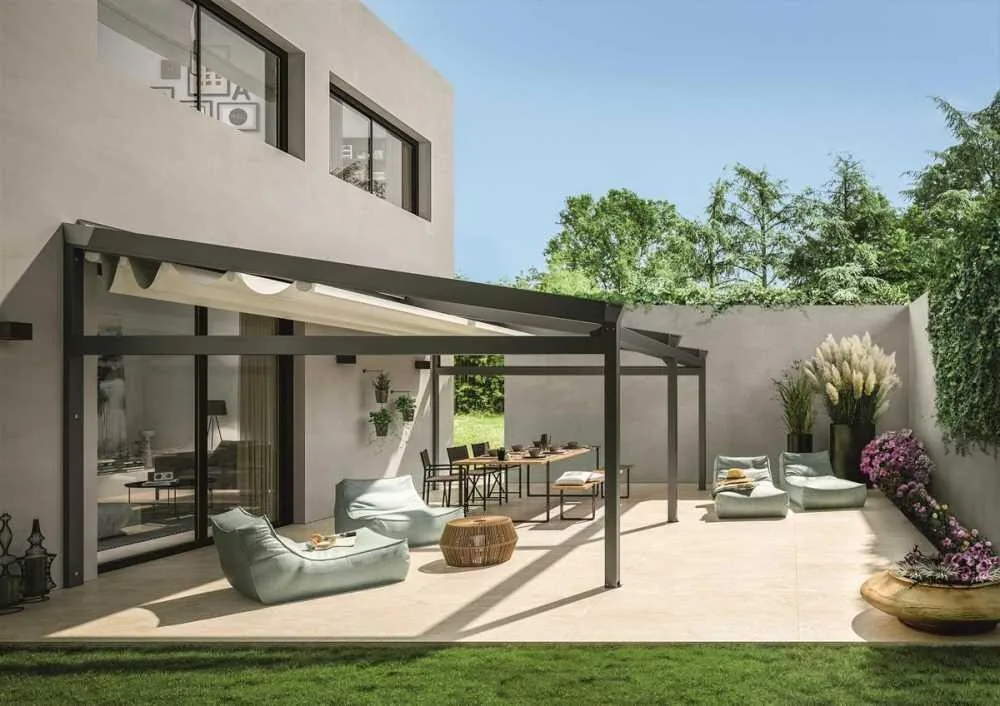 Pergotenda retractable fabric roof on a residential terrace