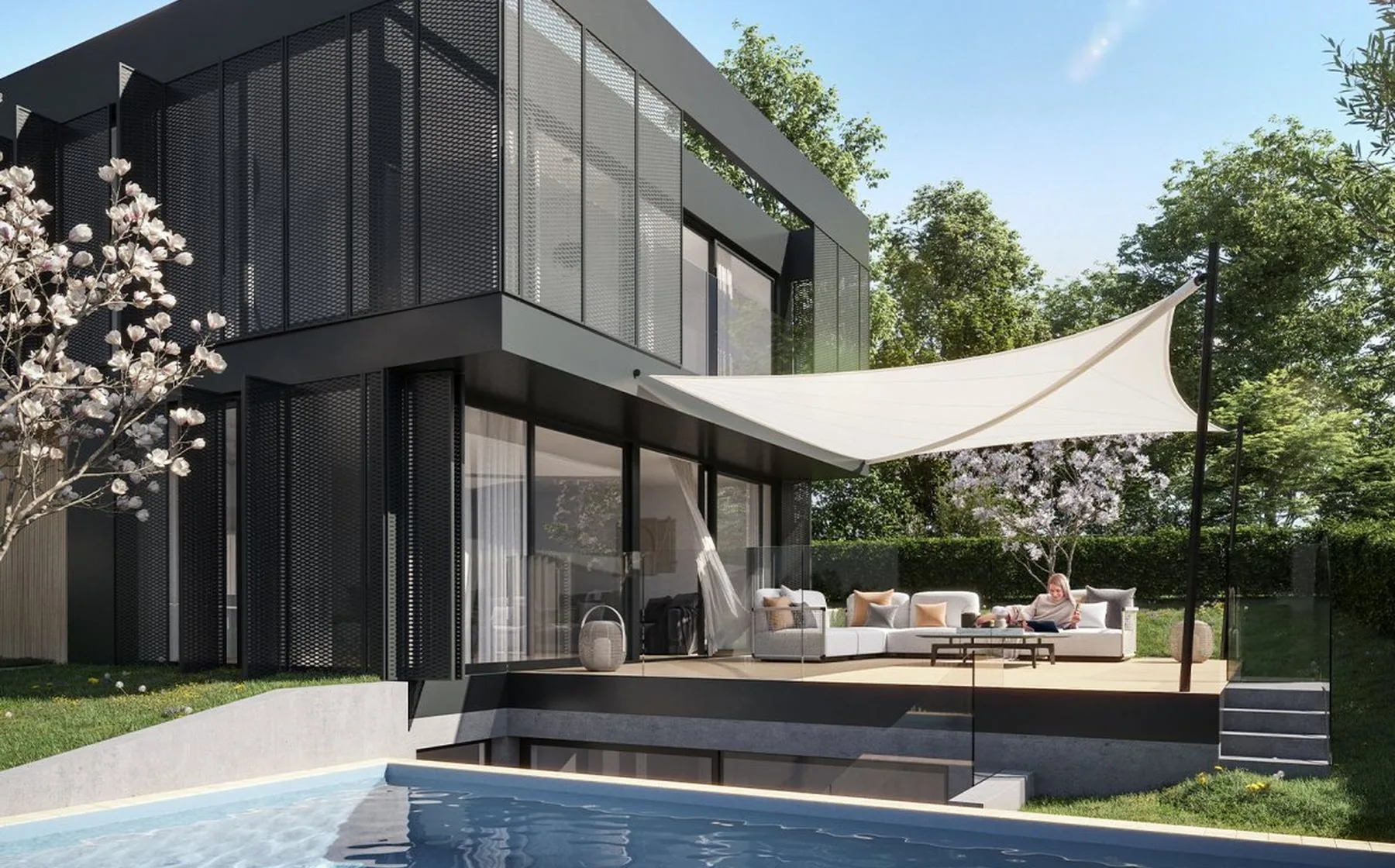 Retractable sun sail above a contemporary residence